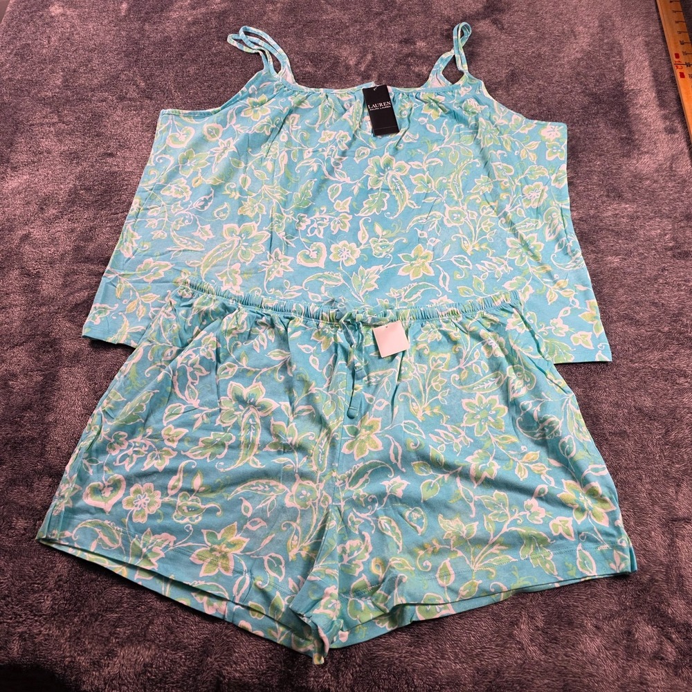 Ralph Lauren Blue Green Floral Tank & Shorts Sleep Set Womens XL Pajama Set